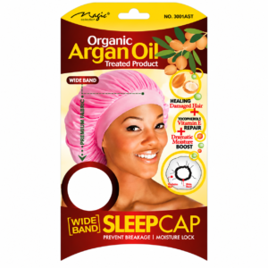 Organic Argan Oil Wide Band Sleepcap Black Satin Bonnet with Vitamin E Repair and Moisture Lock Packaging