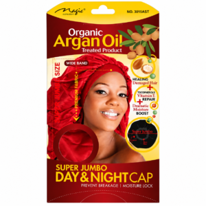 Organic Argan Oil Super Jumbo Day & Night Cap black satin bonnet packaging with moisture lock and hair protection benefits.
