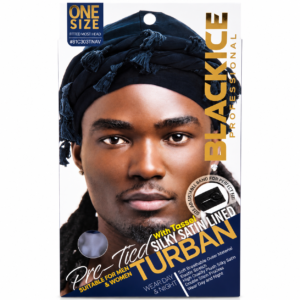 BlackIce Professional Pro-Tied Turban with tassel and silky satin lining packaging for men and women.