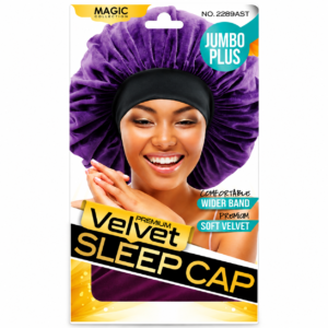 **Alt Text:** Magic Collection Jumbo Plus Black Velvet Sleep Cap packaging with wide band and soft velvet fabric for comfortable hair protection.