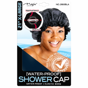 Waterproof shower cap packaging with pink elastic band cap, extra large size design, premium fabric protection, and woman wearing pink shower cap product image