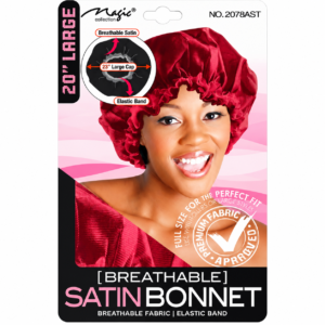 Magic Collection 20-inch large breathable burgundy satin bonnet with elastic band – No. 2078AST