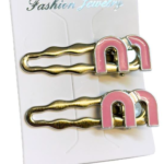 Fashion Jewelry, Gold Wavy Hair Clips with Pink 'M' Accent #HC225