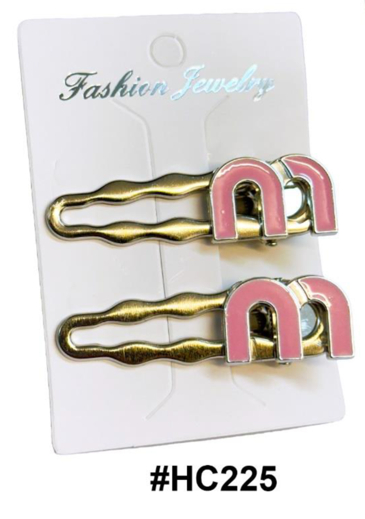Fashion Jewelry, Gold Wavy Hair Clips with Pink 'M' Accent #HC225