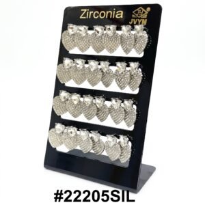 A retail display card showcasing multiple pairs of silver heart-shaped drop earrings adorned with glittering cubic zirconia stones, with the branding 'Zirconia' and 'JVYN' at the top, and the product code #22205SIL at the bottom, all against a pure white background."