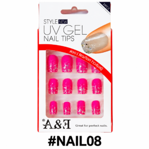 E&A UV Gel Nail Tips pink glitter press on nails (#NAIL08) packaging on a pure white background