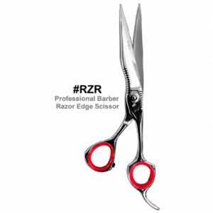 #RZR professional barber razor edge scissor with red finger rings on white background