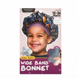 Magic Collection Kids Line silky satin, satin-lined, wide-band bonnet, featuring a smiling young girl and a dark multi-colored pattern, sized for 12-36 months, presented on a pure white background.