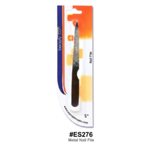 vertical blister pack of a 5-inch metal nail file, featuring a clear plastic casing over the file on a white cardboard backing with blue and orange graphic accents. The top has a hang tab hole. On the left side of the packaging, the brand name "beauty icon" is printed in white vertically on a blue panel. Next to the nail file, the text "Nail File" is printed vertically. At the bottom right of the card, the number "5'' " is displayed, and below the card, the text "www.exampleimpex.com" follows the curved bottom edge. Below the entire packaging, a separate text section displays "#ES276