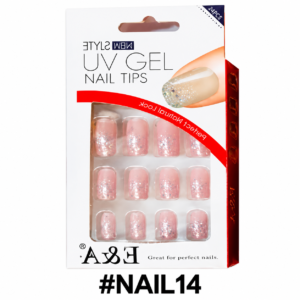 A white retail box of "E&A UV GEL NAIL TIPS" containing 12 pink press-on nails with silver and holographic glitter, set against a white background with text "#NAIL14" below the box.
