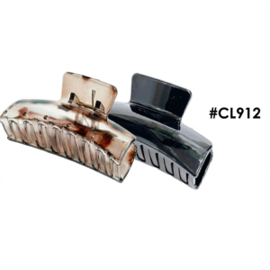 Pair of stylish large claw clips for hair (Item #CL912). One clip has a translucent smoky brown finish with deep dark brown swirls, and the second is a solid black, glossy finish. They are presented together on a pure white background