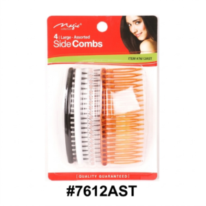 Magic Collection brand retail card (ITEM #7612AST) featuring a pack of "4 Large - Assorted Side Combs". The set includes one solid black, one solid white, one checkered tortoise, and one solid amber-colored comb. The top of the packaging has a red header with a photo of a woman with dark hair and "Magic collection" in white script. The card is centered against a pure white background with "[QUALITY GUARANTEED]" and the code "#7612AST" printed at the bottom.