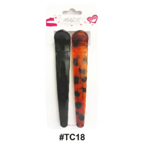 Magic Quality retail card pack (Item #TC18) containing a 2-piece set of long alligator hair sectioning clips, centered on a pure white background. The left clip is solid glossy black, while the right clip features an amber and black tortoiseshell (leopard) pattern. The packaging includes the red 'MAGIC QUALITY' header logo at the top and '#TC18' printed at the bottom.