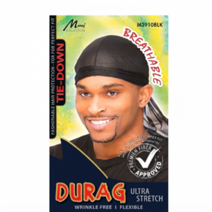 Murray Collection Ultra Stretch Tie-Down Durag in Black (M3910BLK), featuring a breathable, wrinkle-free, and flexible design for secure, comfortable hair protection