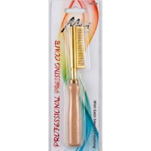 Professional small straight pressing comb with gold metal fine teeth and wooden handle