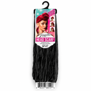 Black head scarf hair accessory displayed in retail packaging, classic black headscarf for everyday hair styling and protective hairstyles.