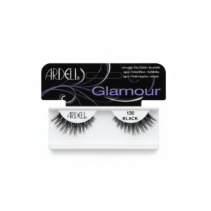 Ardell Glamour 130 black false eyelashes in original retail packaging on a white background.