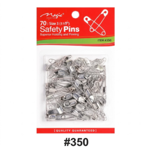 Magic Collection brand (ITEM #350) retail pack of "70 | Size 3 (1 ½") Safety Pins". The packaging features a red header at the top with a die-cut hole, showing white script text for "Magic COLLECTION" and white text details for the pins. On the right, two interlinked safety pin line-art icons are displayed. Below the main header, on a red bar with a green edge, the black