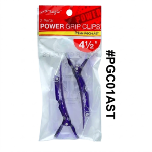 Magic Collection brand (ITEM #PGC01BLA) retail bag packaging featuring "2-PACK POWER GRIP CLIPS" in 4½" size. The clear plastic hanging bag shows two black hinged crocodile-style hair styling clips inside