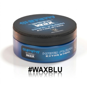 A centered, close-up product photograph of a Gummy Styling Wax Hard Finish jar, featuring a metallic blue body and a textured black screw-on lid[cite: 31, 32]. The lid prominently displays the GUMMY STYLING WAX logo, 'HARD FINISH EXTRA STARK', and 'PROFESSIONAL' with a shield icon. The side of the jar repeats 'HARD FINISH EXTRA STARK' in blue