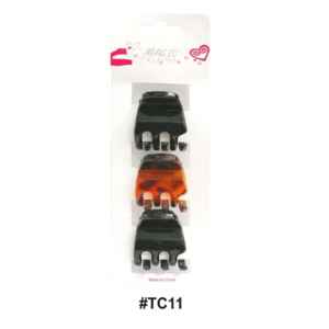 Magic Quality retail card pack (Item #TC11) featuring a 3-piece set of medium hair claw clips. The clips are arranged vertically: a solid glossy black clip on top, an amber and black tortoiseshell (leopard) pattern clip in the middle, and another solid glossy black clip on the bottom. The packaging includes the red 'MAGIC' header logo at the top and '#TC11' printed at the bottom, centered on a pure white background.