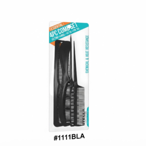Stella ESSENTIAL 4PC Comb Set in black, containing a dressing comb, handle comb, rat tail comb, and fine tail comb, in original packaging with "CHEMICAL & HEAT RESISTANCE" and item number