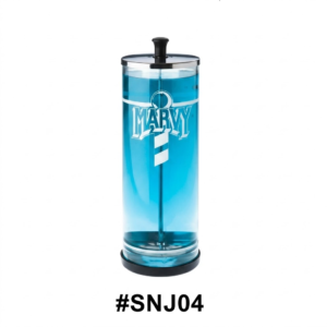English: A tall cylindrical glass Marvy barber disinfecting jar filled with clear blue liquid, featuring a chrome lid with a black knob and a black base, centered on a pure white background with item code #SNJ04 beneath it.