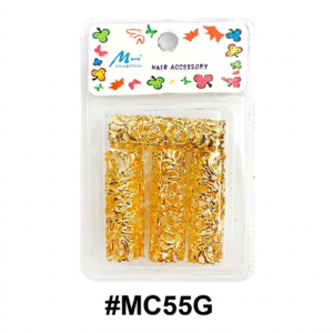 A close-up photograph of a clear plastic blister pack containing a set of four intricate gold filigree hair accessory tubes, presented on a pure white background