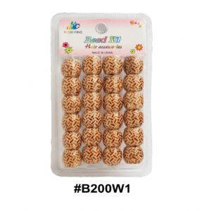 Alt Text (English): Retail blister pack of Bead Dr hair accessory wooden-look patterned hair beads, organized in 4 columns of 6 beads each, labeled with item code #B200W1 on a pure white background.