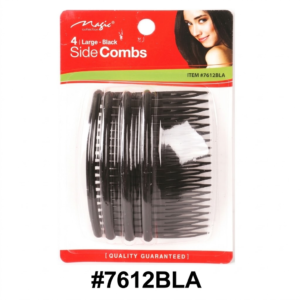 Magic Collection brand (ITEM #7612BLA) retail card of "4 LARGE - BLACK Side Combs". The packaging features a photo of a woman with dark curly hair on a red background at the top, displaying four curved black plastic combs below in a clear plastic blister pack[cite: 17, 18, 19]. The card is centered against a pure white background with "[QUALITY GUARANTEED]" and the code "#7612BLA" printed at the bottom
