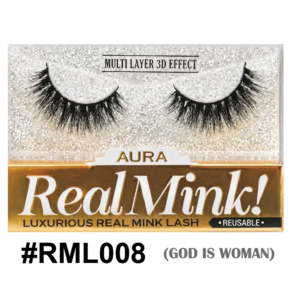 Packaging for Aura Real Mink! false eyelashes #RML008 'GOD IS WOMAN', featuring one pair of multi-layered 3D effect black mink lashes displayed on a silver glitter tray with a gold metallic base on a pure white background.