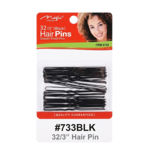 Alt Text: Magic Collection brand (#733BLK) hair pins ka pack, jis mein 32 black, corrugated smooth-finish pins hain[cite: 1, 2]. Pack ke upar aik muskurati hui khatoon ki tasveer aur product ki tafseelat darj hain