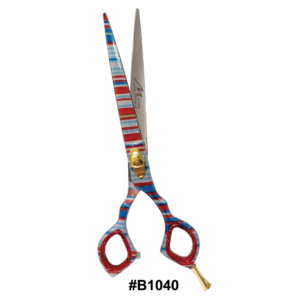 Professional barber cutting shears featuring a multi-color red, white, and blue striped barber pole pattern with gold tension adjustment screw and finger tang, model #B1040 on a pure white background.