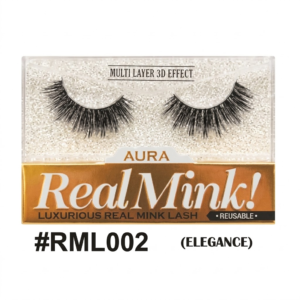 Aura Real Mink! #RML002 'Elegance' false eyelash packaging, featuring multi-layered 3D effect black lashes in a clear case with a gold glitter background and gold base, reusable.