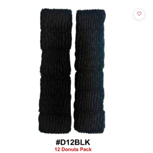 Pack of 12 black hair donuts (#D12BLK) stacked in two vertical columns on a pure white background. Features a mesh texture design for bun styling, labeled with black code text and red '12 Donuts Pack