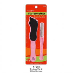 Magic Collection brand (ITEM #FC68) Foot Smoother Pedicure File and Callus Remover product packaging. The packaging is a mostly red card with a green header band featuring the white "Magic collection" script logo, text reading "Foot Smoother," "Quick & Safe," and small descriptive text including "Pedicure File & Callous Remover." Two pink tools are blister-packed onto the card: a large foot-shaped file with a black abrasive grit surface and a small handled metal callous file. The left side of the card has a green vertical sidebar with text details, and the lower card features quality and material guarantees and a bold, centered product code and name (# FC68 Pedicure File & Callos Remover) directly beneath it on the solid white backgroun
