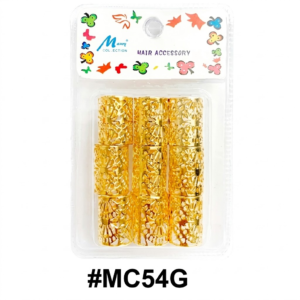 A close-up photograph of a clear plastic blister pack containing a neat arrangement of nine cylindrical, filigreed gold hair accessories, presented on a pure white background