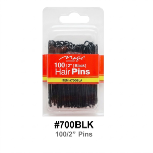 Alt Text: Magic Collection brand (Item #700BLA) hair pins ka blister pack, jis mein 100 black
