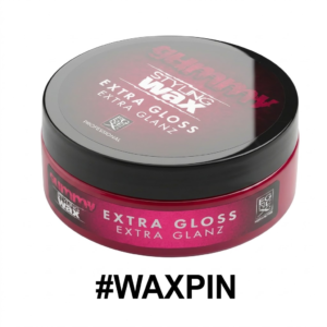A jar of Gummy Styling Wax Extra Gloss (#WAXPIN) with a black screw-on lid and vibrant magenta-pink body, centered on a pure white background.