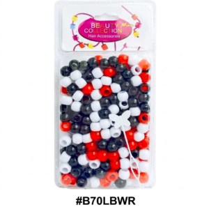 Kaale, safed aur laal rang ke baalon ke beads (moti) ka retail blister pack, 'Beauty Collection Magic' brand, model #B70LBWR, aik safed titli wale beader tool ke sath, safed background par.