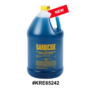 Large blue plastic jug of Barbicide disinfectant solution with a yellow cap and red "NEW" label banner, featuring product details for bactericide, pseudomonacide, fungicide, and virucide use, labeled with item code #KRE65242 on a pure white background