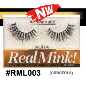 Aura Real Mink! #RML003 'Gorgeous' false eyelash packaging featuring one pair of multi-layered 3D effect black lashes in a clear case with a gold base and red 'NEW' sticker.
