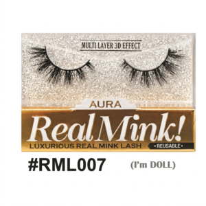 A pair of #RML007 "Aura Real Mink!" multi-layer 3D effect lashes are displayed inside a clear reusable case. Product text, including "AURA" and "LUXURIOUS REAL MINK LASH," with "I'm DOLL" printed on the gold section.