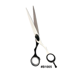 Professional hair thinning shears (item #B1005), with one white-coated blade and handle, and one black-coated handle. The black handle features an adjustable tension screw. Both handles include matching inner ring liners, presented on a pure white background