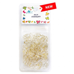 A clear plastic blister pack containing numerous coiled hair ties with gold glitter, centered against a seamless white background.