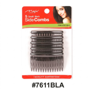 Magic Collection brand (ITEM #7611BLA) retail card of "5 | Small - Black Side Combs". The packaging features a red header with the "Magic collection" logo and a photo of a woman with dark hair at the top, displaying five stacked black side combs below in a clear plastic blister pack. The card is centered against a pure white background with "[QUALITY GUARANTEED]" and the bold code "#7611BLA" centered at the bottom