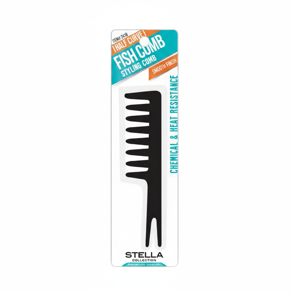 Stella Half Curve Fish Comb Styling Comb - Black (#2418) Chemical & Heat Resistant with Smooth Finish