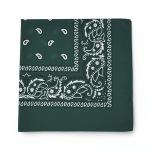 Dark Green Paisley Bandana with White Decorative Border and Teardrop Pattern