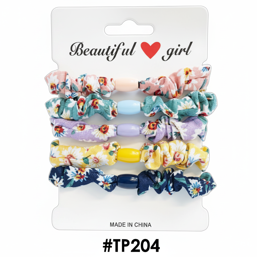 Beautiful Girl Floral Print Scrunchies with Oval Bead 5pcs #TP204
