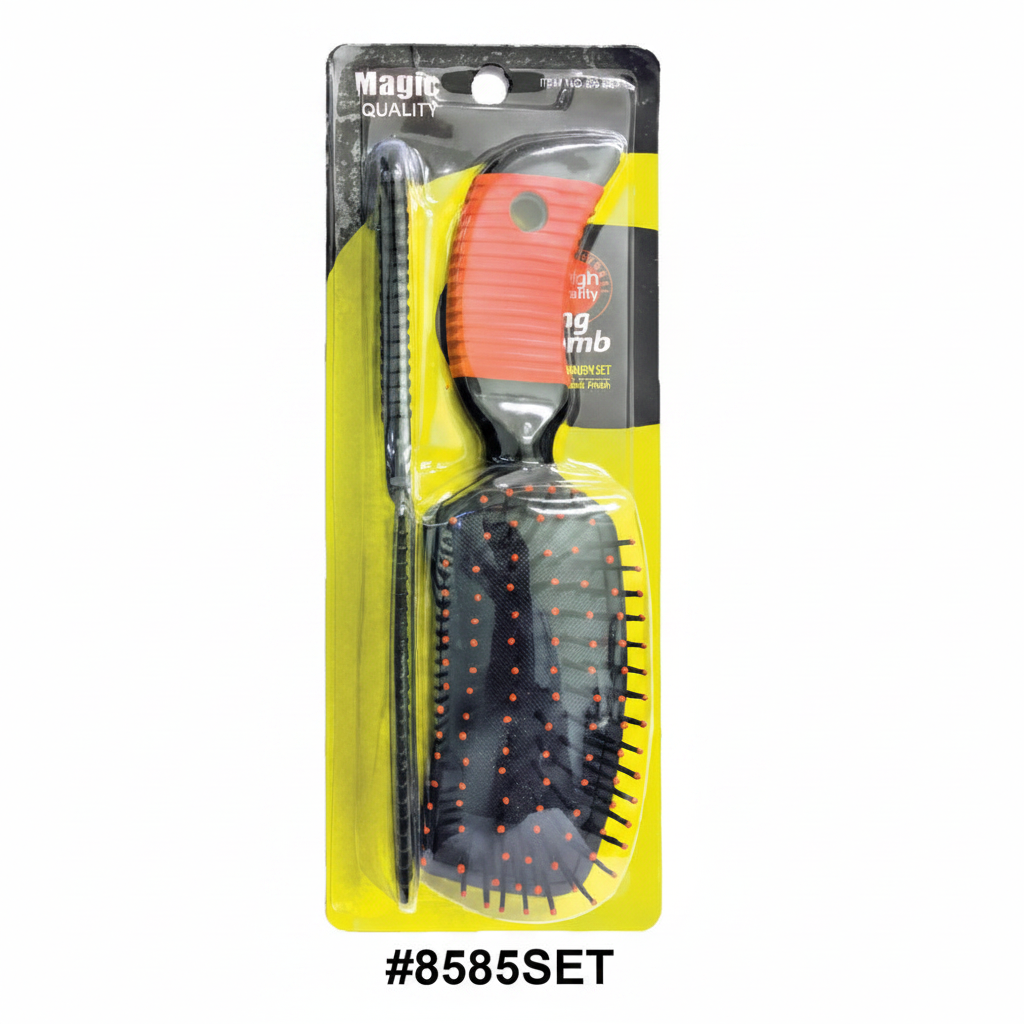 Magic Quality Paddle Brush & Rat Tail Comb Set (#8585SET)